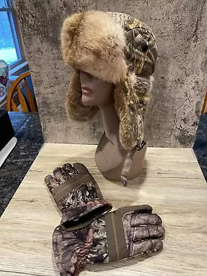 Men’s Size L/XL Yukon Tracks Rabbit Fur Trapper Hat & Men’s XL Camouflage Gloves • $34.99