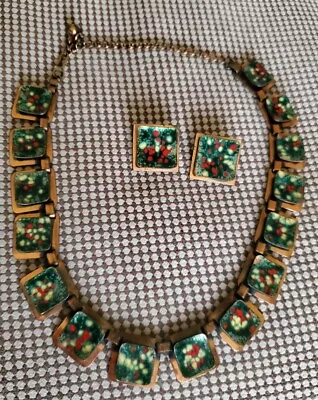 Vnt Jewelry Copper Matisse Renoir Necklace Earring Set Splatter Enamel Green  • $86.13