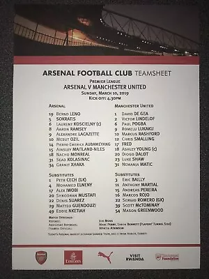 Arsenal V Manchester United (Man Utd) Team Sheet 10th March 2019 • £2.49