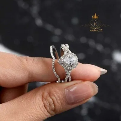 Moissanite Bridal Set Engagement Ring Solid 14K White Gold 3 Carat Pear Cut VVS1 • $234.03