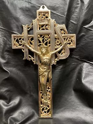 Vintage Inri IHS Ornate Gold Finish Heavy Brass Holy Cross Jesus Crucifix • $28.99