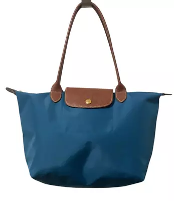 Longchamp Le Pliage Green Nylon Leather Trim Shoulder Tote Purse Bag Zipper Snap • $41.97