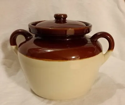 Vintage McCoy #1242 Large Brown/Tan Pottery Crock Bean Pot W/ Lid 6  Tall • $34