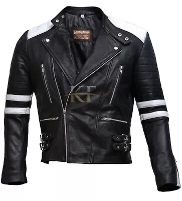 Brando Classic Biker Vintage Black & White Retro Motorcycle Real Leather Jacket • $99.99