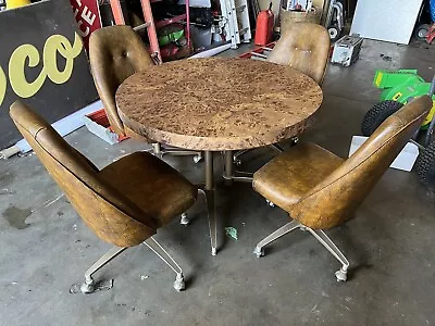 Clean Mid Century Modern Dining Table Set W/ 4 Chairs -Clean Mustard Padded Leaf • $700