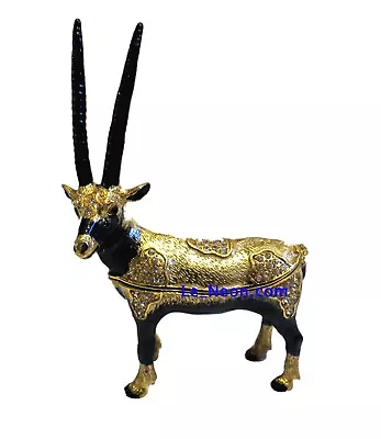 Bejeweled Tibetan Antelope Hinged Metal Enameled Crystal Trinket Box • $20.99