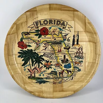 Vintage Carrib Round Woven Bamboo Serving Tray Florida Souvenir Landmark Map • $20.40