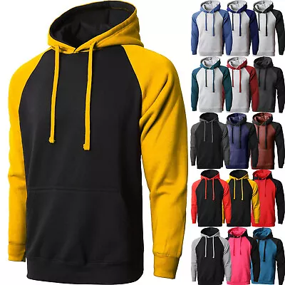 Mens HOODIE PULLOVER Sweatshirts RAGLAN Sweater Tee Shirts Contrast HEAVY • $22.99