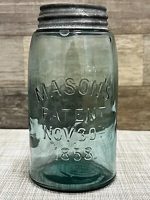 Antique Mason's Patent Nov 30Th 1858 Quart Jar Aqua Blue Glass W/ Zinc Cap • $19.99
