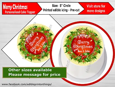 Personalised Merry Christmas Round Edible Printed Decoration Cake Topper Icing • £5.45