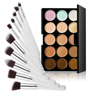 15 Colors Contour Face Cream Makeup Concealer Palette 10pcs Brush • £10.09