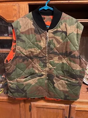 Vtg 80’s HUNTING Reversible DUCK Camo QUILTED Puffer BLAZE Orange VEST Jacket XL • $29.99