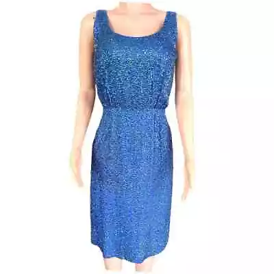 Blue Sequin Dress 50s 60s Vintage Silk Party Shift Sheath Sleeveless B. Altman • $80