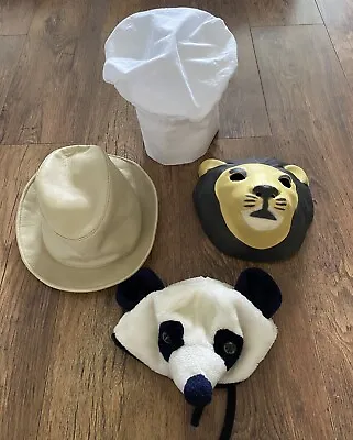 Kids Hats & Face Mask Fancy Dress Bundle - Panda/Lion/Chef/Leather Trilby 4/6 Y • £5