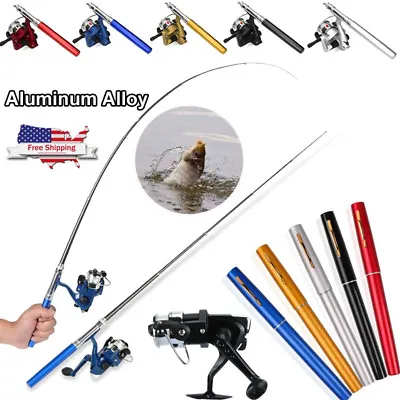 Mini Portable Pocket Fish Pen Shape Aluminum Alloy Fishing Rod Pole Reel 5 Color • $13.49