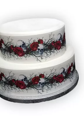 A4 Edible Decor Icing Sheet Halloween Skull & Rose Ribbon Border- Larger Cakes • £3.49