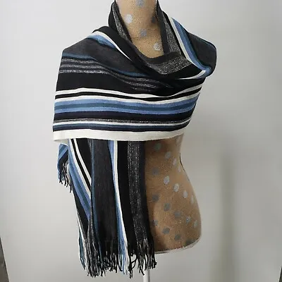 Dahlia Jewels Acrylic Mens Colorful Stripes Tassel Knitted Long Scarf Blue Black • $11.99