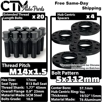 $96.59 • Buy 4x 15mm Thick 5x112 57.1mm CB Wheel Spacer Set Black 14x1.5 Bolt Fit Volkswagen