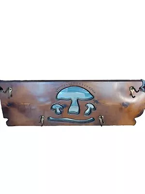 Vtg Mushroom Folk Art Peg Wood Hook Coat Hat Rack Mirror Hanger Wall Mount  • $29