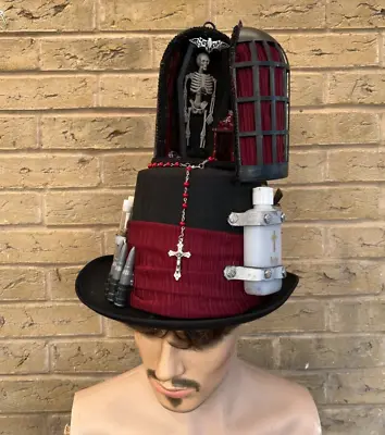 Unique Mens Black Gothic Top Hat Skeleton Coffin Rosary Cross Lights Up 60cm (5) • £32.99