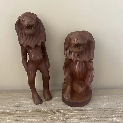 Vintage Wooden Carved Lion Figurines 12” & 9.5” • $49.97