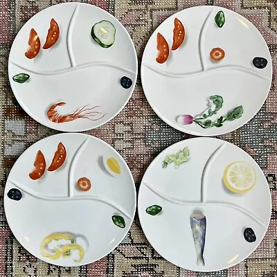 Set Of 4 Vintage Litho MCM 10” Divided Fondue Plates Vegetables & Seafood • $88