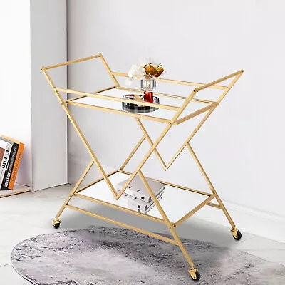 Gold Metal Bar Cart Serving Cart With Wheels 2-Tier Storage Trolley Home Kitchen • $109.25