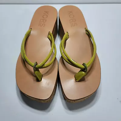 Michael Kors Green Leather Thong Cork Platform Wedge Slip-On Sandals Size 8M • $24.99