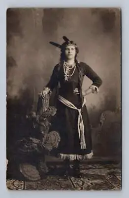 White Girl In Indian Feather Headdress Costume RPPC Antique Studio Photo ~1910s • $29.99
