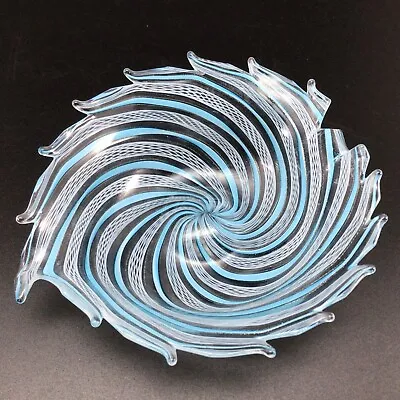 Murano Glass Latticino Zanfirico Leaf Dish Italy Blue White Swirl Twisted Ribbon • $79.99