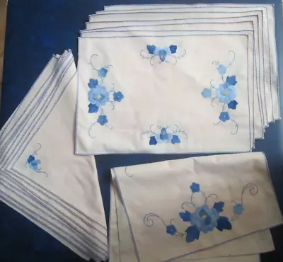 Retro Blue Floral Applique Place Mats (7) Serviettes (8) Table Runner (1)-used • $29