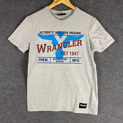 Wrangler Shirt Mens Small Grey Tee Spell Out Western Rodeo Cowboy Adult Crew • $17.56