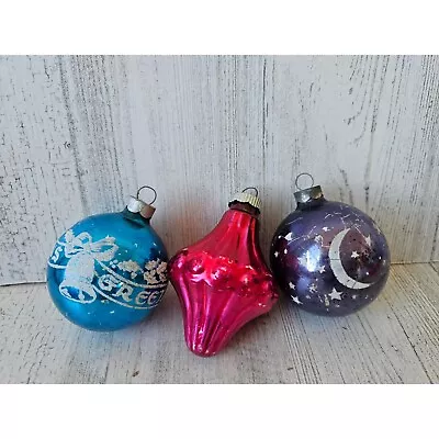 Vintage Radko Shiny Brite Purple Star Bell Blue Mercury Glass Ball Ornament Set • $35.11