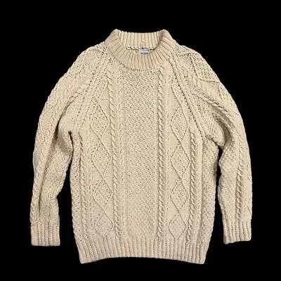 VTG Saks Fifth Avenue WOOL Fisherman Aran Cream Crewneck Sweater 46 L • $16.76