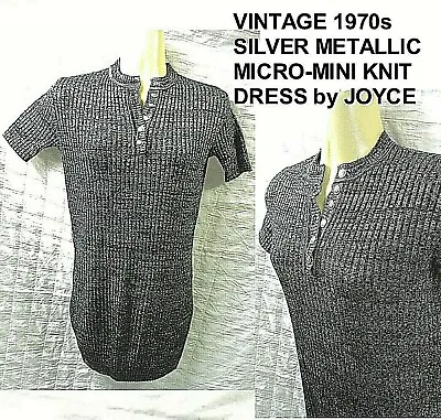 Vintage 70s JOYCE Black Knit Silver Metallic Disco Micro Mini Dress Size SMALL • $13.85