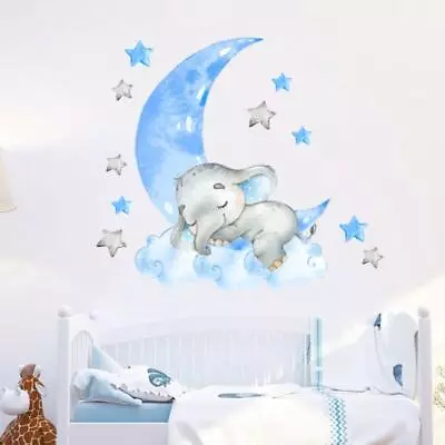 Elephant Baby Boy Sleeping Moon Nursery Wall Stickers Room Decor • £5.74