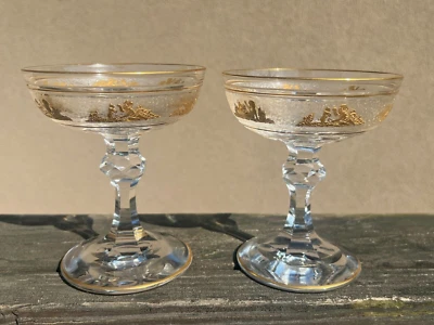 $101 • Buy 2 VAL ST LAMBERT Danse De Flore Gold Crystal Glass Champagne 4 5/8  GOBLETS