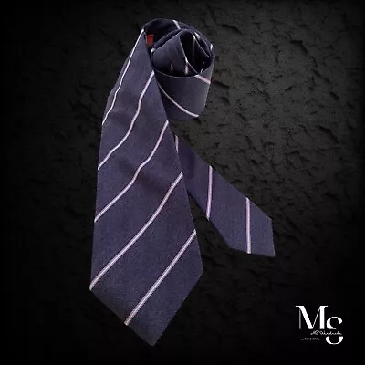 ISAIA NAPOLI 7 FOLD Navy Striped Silk Tie Hand Made In Italy W: 3.5  NWT • $165