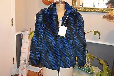 Nwt Black Blue Striped Rabbit Fur Jacket Coat Medium M • $199.99