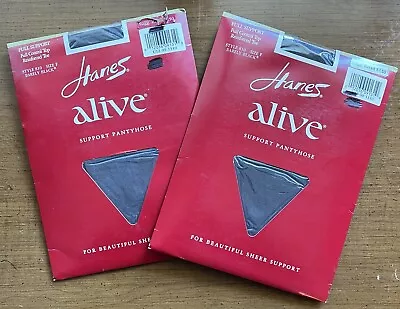 2 Vtg Hanes ALIVE Support Pantyhose PLUS SIZE F Full Control Top BARELY BLACK • $26.95