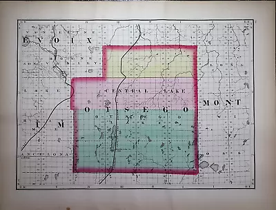 1873 Plat Map CENTRAL LAKE - OTSEGO Co. MICHIGAN / MONT MORENCY Co. On Reverse • $45.95