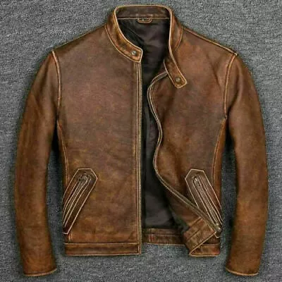 Vintage Cafe Racer Distressed Brown Leather Jacket • $39.99