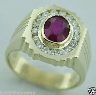 14k Solid Yellow Gold Men Men's Natural Ruby Oval & Diamond Ring  2.65 Ct • $1680