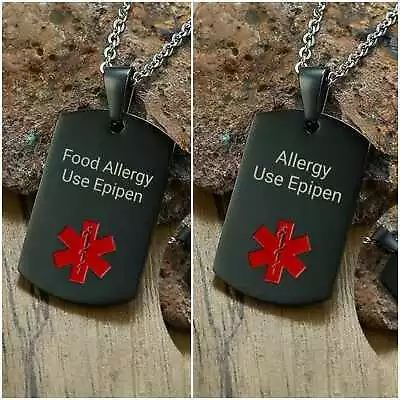 Necklace Allergy Use Epipen Medical Alert Food Stainless Steel Chain Dog Tag • £9.99