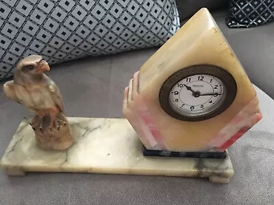  Pink & White French  Art Deco Marble Clock With Falcon Bird Signed Centeauro • $325