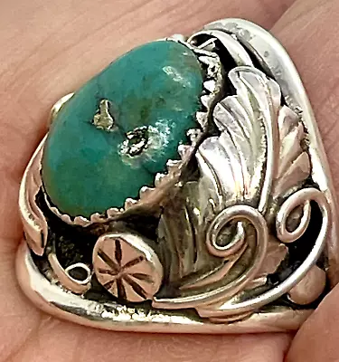 Navajo Men Turquoise Ring Size 12 Sterling Silver Leaves Native Handmade 10.5g • $90.94