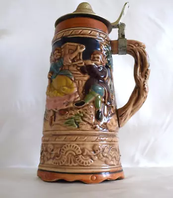 Vintage Hand Painted Musical Beer Stein With Pewter Lid 95  Tall Japan Dancing • £14.95