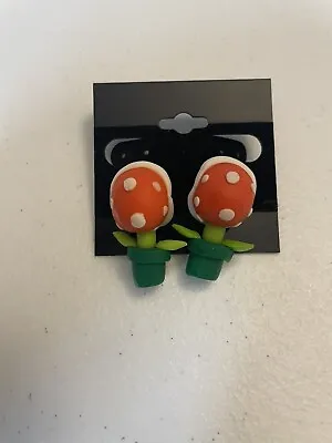 Super Mario Inspired Polymer Clay Tube Plant Stud Earrings Mouth Biting 1.25” • $19.99