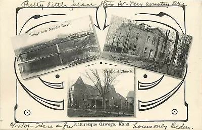 Wheelock Multiview Postcard; Oswego KS Bridge Church & High School Labette Co. • $18.07