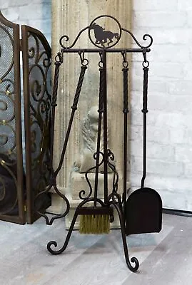Wrought Iron Western Rustic Horse Fireplace Hearth Tool Kit 5 Pc Set With Stand • $80.99
